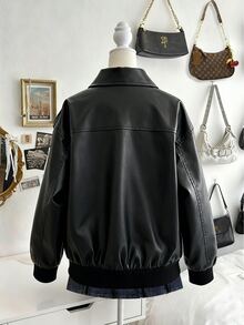 Lalippa Women's Casual Solid Color PU Loose Jacket, Autumn/Winter - Black - View 6