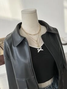 Lalippa Women's Casual Solid Color PU Loose Jacket, Autumn/Winter - Black - View 7
