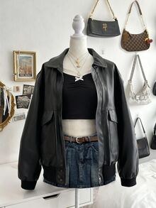 Lalippa Women's Casual Solid Color PU Loose Jacket, Autumn/Winter - Black - View 5