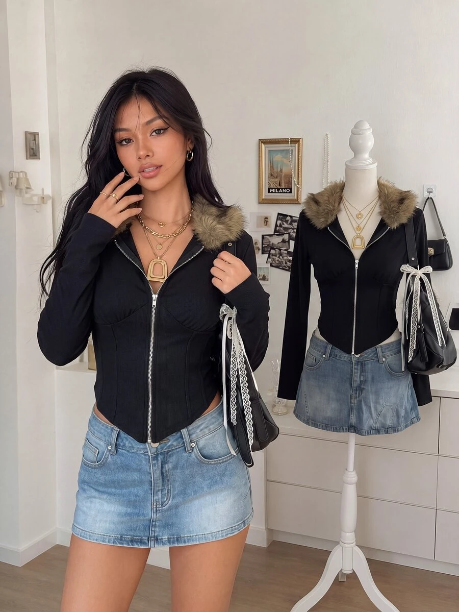 Lalippa Women Casual Faux Fur Collar Hooded Cinched Waist Jacket - Black - View 1