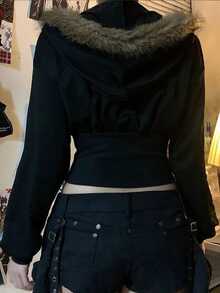 Lalippa Women Casual Faux Fur Collar Hooded Cinched Waist Jacket - Black - View 2