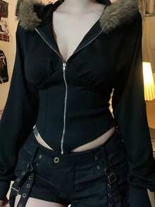 Lalippa Women Casual Faux Fur Collar Hooded Cinched Waist Jacket - Black - View 6