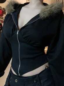 Lalippa Women Casual Faux Fur Collar Hooded Cinched Waist Jacket - Black - View 3