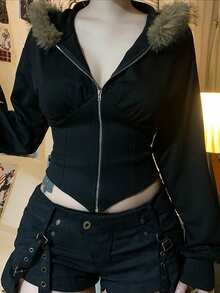 Lalippa Women Casual Faux Fur Collar Hooded Cinched Waist Jacket - Black - View 5