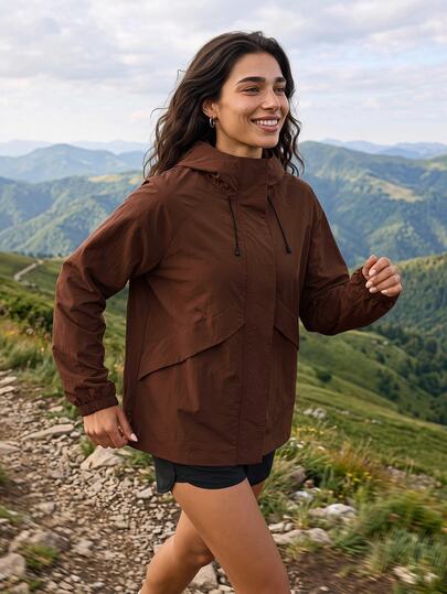 Exploreva Women's Solid Color Raglan Long Sleeve Hooded Outdoor Windbreaker Jacket