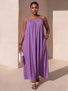 Zivah Vestido largo de tirantes de unicolor informal y casual, vestido de verano para mujeres de talla grande - Morado - Ver 1