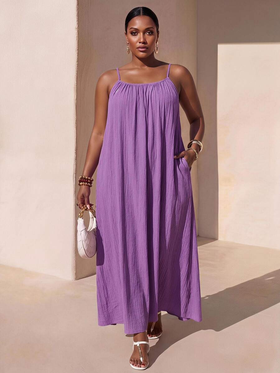 Zivah Vestido largo de tirantes de unicolor informal y casual, vestido de verano para mujeres de talla grande - Morado - Ver 1