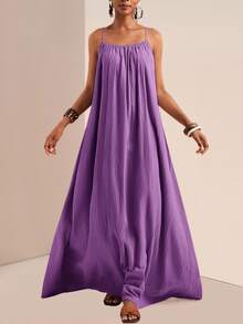 Zivah Vestido largo de tirantes de unicolor informal y casual, vestido de verano para mujeres de talla grande - Morado - Ver 3