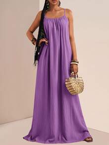 Zivah Vestido largo de tirantes de unicolor informal y casual, vestido de verano para mujeres de talla grande - Morado - Ver 7