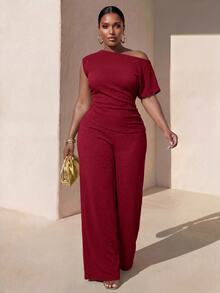Zivah Spring/Summer Women's Plus Size Casual Elegant Formal Brunch Party Off-Shoulder Cinched Waist Asymmetrical Hem Fitted Wide Leg Pants 2 Pieces Set Red - Red - View 9