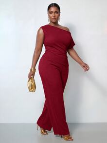 Zivah Spring/Summer Women's Plus Size Casual Elegant Formal Brunch Party Off-Shoulder Cinched Waist Asymmetrical Hem Fitted Wide Leg Pants 2 Pieces Set Red - Red - View 6