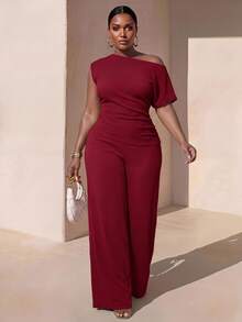 Zivah Spring/Summer Women's Plus Size Casual Elegant Formal Brunch Party Off-Shoulder Cinched Waist Asymmetrical Hem Fitted Wide Leg Pants 2 Pieces Set Red - Red - View 1