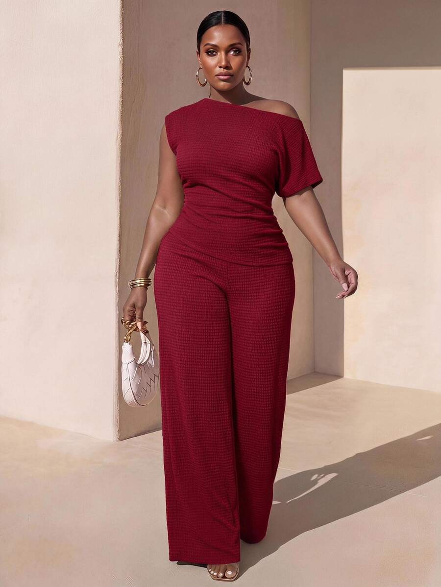 Zivah Spring/Summer Women's Plus Size Casual Elegant Formal Brunch Party Off-Shoulder Cinched Waist Asymmetrical Hem Fitted Wide Leg Pants 2 Pieces Set Red - Red - View 1