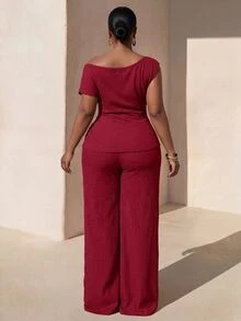 Zivah Spring/Summer Women's Plus Size Casual Elegant Formal Brunch Party Off-Shoulder Cinched Waist Asymmetrical Hem Fitted Wide Leg Pants 2 Pieces Set Red - Red - View 2