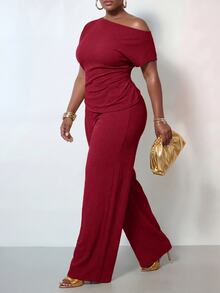 Zivah Spring/Summer Women's Plus Size Casual Elegant Formal Brunch Party Off-Shoulder Cinched Waist Asymmetrical Hem Fitted Wide Leg Pants 2 Pieces Set Red - Red - View 4