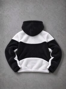 Manfinity Hypemode Men's Colorblock Lamb Fleece Hooded Sweatshirt, Brown & White Half-Zip Loose Teddy Jacket, Suitable For Streetwear And Casual Daily Wear - Beige - View 2