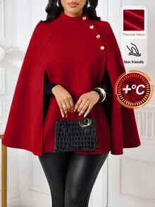 SHEIN Lady 女款休閒寬鬆披風式羊毛混紡大衣，極簡商務秋季女款，酒紅色披肩優雅聖誕晚餐辦公室 - 紅色 - 查看 2