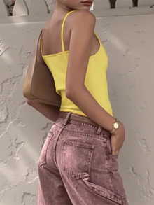 Vaclyn Women's Casual Solid Color Basic Camisole Top - Yellow - View 11