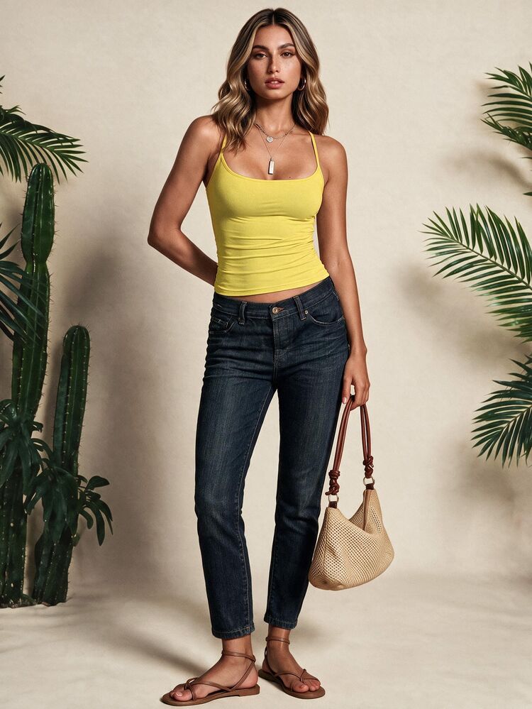 Vaclyn Top de tirantes básico de unicolor casual para mujer - Amarillo - Añade 2