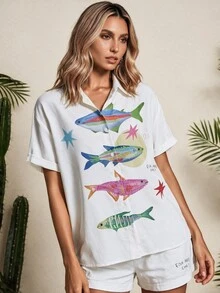 Vaclyn Women's Fish Pattern Short Sleeve Button-Up Shirt And Shorts Set Beach Vacation Beige Summer Tropical Casual - White - View 5