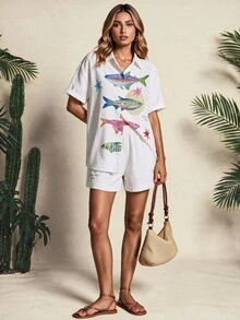 Vaclyn Women's Fish Pattern Short Sleeve Button-Up Shirt And Shorts Set Beach Vacation Beige Summer Tropical Casual - White - View 7