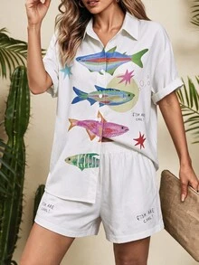 Vaclyn Women's Fish Pattern Short Sleeve Button-Up Shirt And Shorts Set Beach Vacation Beige Summer Tropical Casual - White - View 4