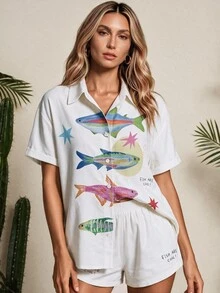 Vaclyn Women's Fish Pattern Short Sleeve Button-Up Shirt And Shorts Set Beach Vacation Beige Summer Tropical Casual - White - View 3
