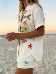 Vaclyn Women's Fish Pattern Short Sleeve Button-Up Shirt And Shorts Set Beach Vacation Beige Summer Tropical Casual - White - View 11
