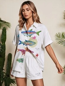 Vaclyn Women's Fish Pattern Short Sleeve Button-Up Shirt And Shorts Set Beach Vacation Beige Summer Tropical Casual - White - View 2