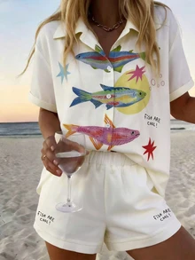 Vaclyn Women's Fish Pattern Short Sleeve Button-Up Shirt And Shorts Set Beach Vacation Beige Summer Tropical Casual - White - View 10