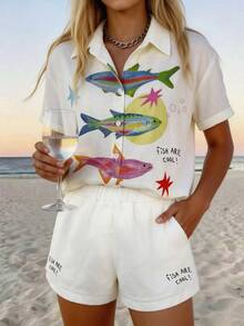 Vaclyn Women's Fish Pattern Short Sleeve Button-Up Shirt And Shorts Set Beach Vacation Beige Summer Tropical Casual - White - View 12