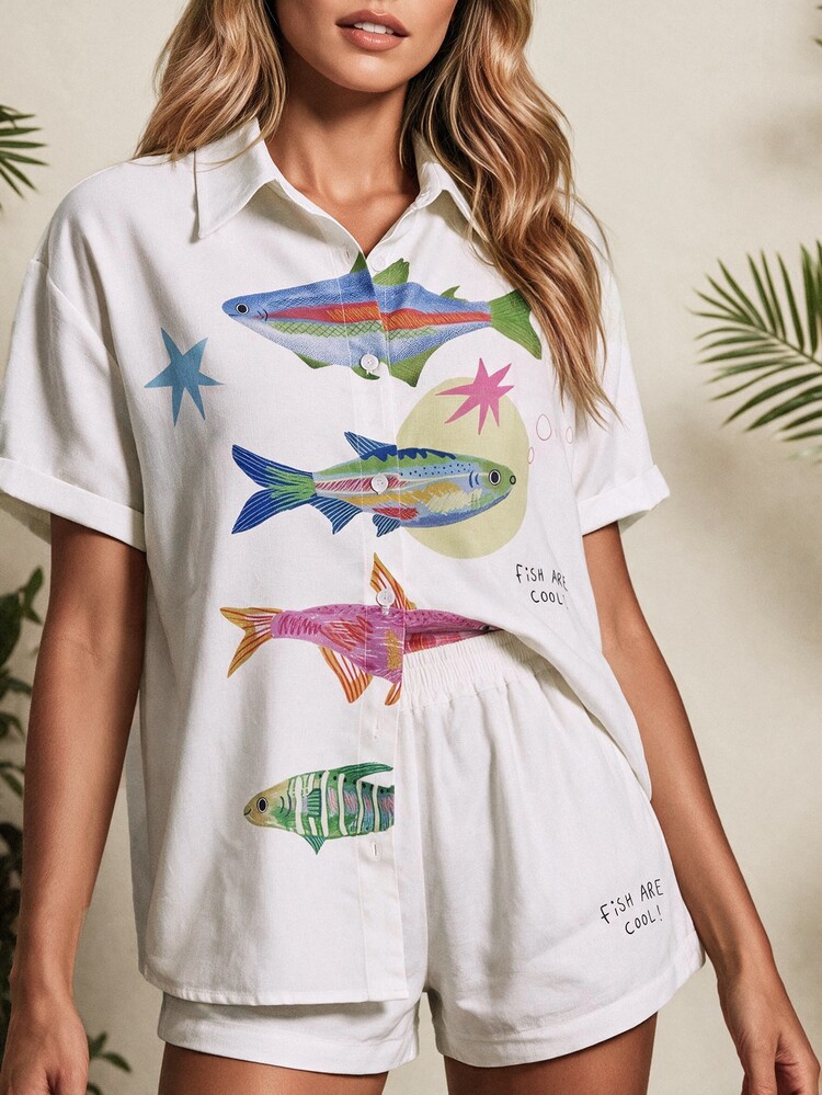 Vaclyn 女款魚紋短袖鈕扣襯衫與短褲套裝 米色夏季熱帶休閒海灘度假風 - 白色 - 查看 6