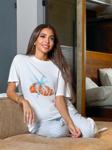 Alya Khalil Women's Bowknot, Croissant Printed T-Shirt Top Paired With Striped Sleep Pants Pajama Set - White - View 1