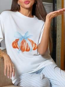 Alya Khalil Women's Bowknot, Croissant Printed T-Shirt Top Paired With Striped Sleep Pants Pajama Set - White - View 3
