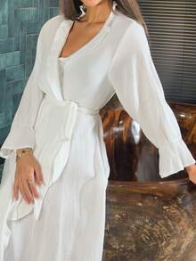 Alya Khalil Romantic Ruffled Hem Long Wrap Around Women Sleepwear Robe, For Fall & Winter Pajama, Cozy Outfit - White - View 3