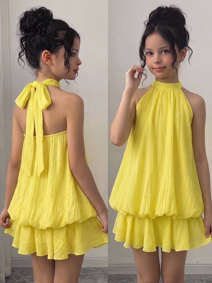 Firerie Kids Firerie Kids Tween Girl Casual Daily Commute Cute Elegant Halter Neck Goose Yellow Textured Layered Dress - Yellow - View 1