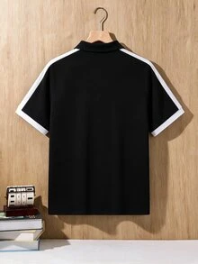 SHEIN 青少年男孩休閒對比色拼接羅紋領短袖 Polo T恤，基本款，黑色領，Y2K 風格上衣，適合春/夏/秋季新品，適合外出、情人節、約會、旅行、度假、家庭聚會、返校、婚禮、正式場合、運動、派對 - 黑色 - 查看 3