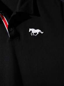 SHEIN 青少年男孩休閒對比色拼接羅紋領短袖 Polo T恤，基本款，黑色領，Y2K 風格上衣，適合春/夏/秋季新品，適合外出、情人節、約會、旅行、度假、家庭聚會、返校、婚禮、正式場合、運動、派對 - 黑色 - 查看 4
