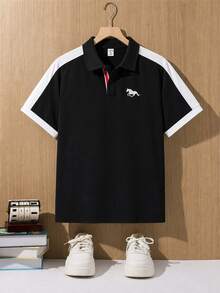 SHEIN 青少年男孩休閒對比色拼接羅紋領短袖 Polo T恤，基本款，黑色領，Y2K 風格上衣，適合春/夏/秋季新品，適合外出、情人節、約會、旅行、度假、家庭聚會、返校、婚禮、正式場合、運動、派對 - 黑色 - 查看 2