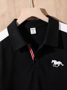 SHEIN 青少年男孩休閒對比色拼接羅紋領短袖 Polo T恤，基本款，黑色領，Y2K 風格上衣，適合春/夏/秋季新品，適合外出、情人節、約會、旅行、度假、家庭聚會、返校、婚禮、正式場合、運動、派對 - 黑色 - 查看 6