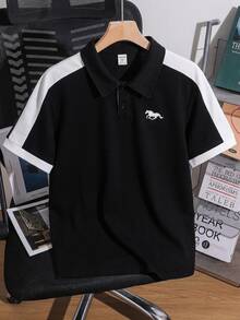 SHEIN 青少年男孩休閒對比色拼接羅紋領短袖 Polo T恤，基本款，黑色領，Y2K 風格上衣，適合春/夏/秋季新品，適合外出、情人節、約會、旅行、度假、家庭聚會、返校、婚禮、正式場合、運動、派對 - 黑色 - 查看 5