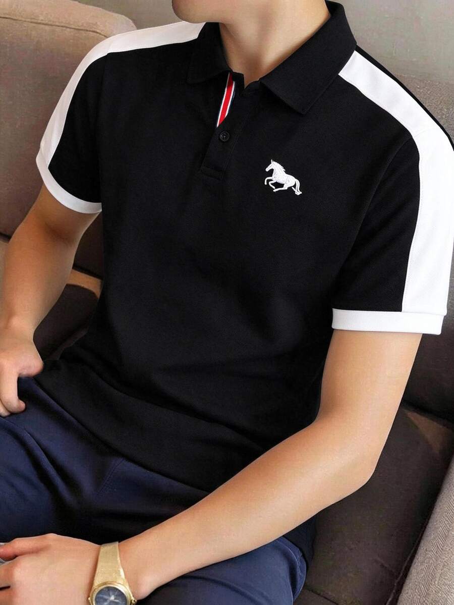 SHEIN 青少年男孩休閒對比色拼接羅紋領短袖 Polo T恤,基本款,黑色領,Y2K 風格上衣,適合春/夏/秋季新品,適合外出、情人節、約會、旅行、度假、家庭聚會、返校、婚禮、正式場合、運動、派對 - 黑色 - 查看 1