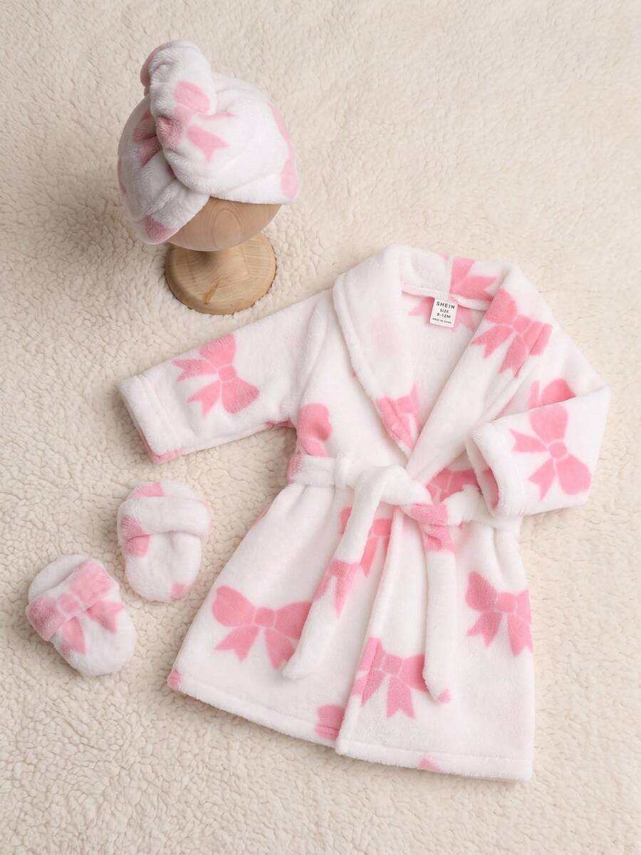 SHEIN Baby Girl Baby Girl Knitted Bow Pattern Faux Fur Hooded Long Sleeve Tie-Up Robe, Suitable For Winter, Pink Autumn - Multicolor - View 1