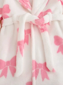 SHEIN Baby Girl Baby Girl Knitted Bow Pattern Faux Fur Hooded Long Sleeve Tie-Up Robe, Suitable For Winter, Pink Autumn - Multicolor - View 6