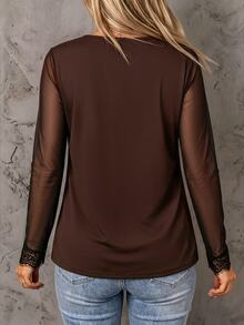 EMERY ROSE Plus Size Women's Spring/Autumn Casual Minimalist Everyday Versatile V-Neck Mesh & Lace Trim Long Sleeve T-Shirt Fall - Brown - View 2