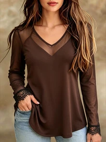 EMERY ROSE Plus Size Women's Spring/Autumn Casual Minimalist Everyday Versatile V-Neck Mesh & Lace Trim Long Sleeve T-Shirt Fall - Brown - View 1