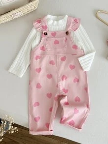 SHEIN 2件組幼兒女嬰上衣吊帶褲套裝，可愛甜美粉色白色荷葉邊愛心印花長袖假領休閒款，秋季公主風柔軟衣著 - 淺粉色 - 查看 6