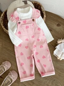 SHEIN 2件組幼兒女嬰上衣吊帶褲套裝，可愛甜美粉色白色荷葉邊愛心印花長袖假領休閒款，秋季公主風柔軟衣著 - 淺粉色 - 查看 7