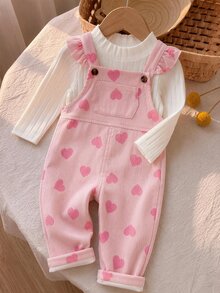 SHEIN 2件組幼兒女嬰上衣吊帶褲套裝，可愛甜美粉色白色荷葉邊愛心印花長袖假領休閒款，秋季公主風柔軟衣著 - 淺粉色 - 查看 4