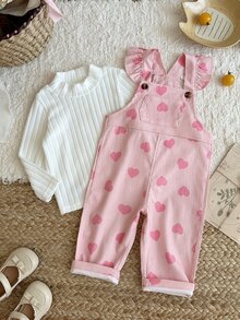 SHEIN 2件組幼兒女嬰上衣吊帶褲套裝，可愛甜美粉色白色荷葉邊愛心印花長袖假領休閒款，秋季公主風柔軟衣著 - 淺粉色 - 查看 5